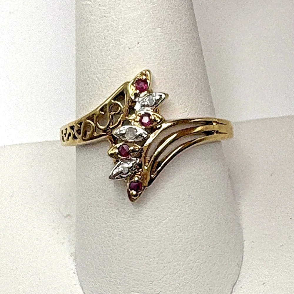 Vintage Ruby and Diamond Ring Gold Plated Size 10 Retro Cocktail Prom